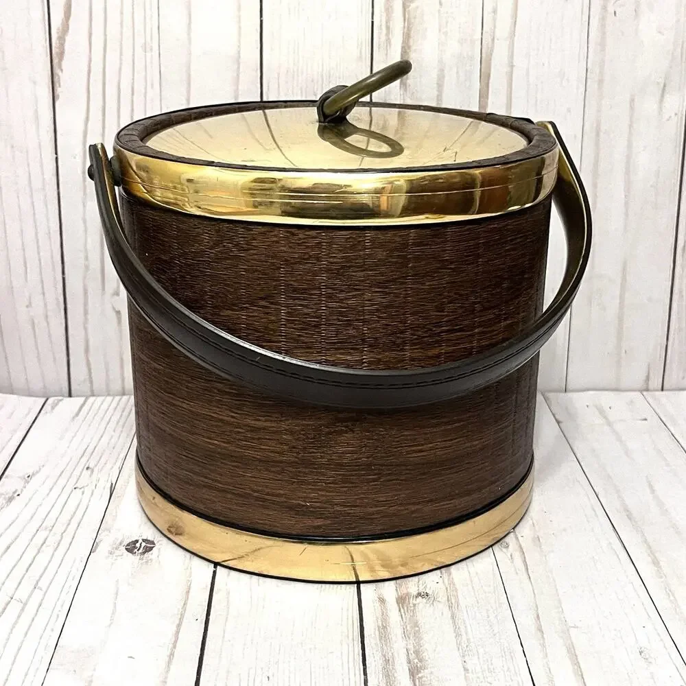 MCM Vintage 70's Kraftware Ice Bucket Brown & Gold Vintage Barware